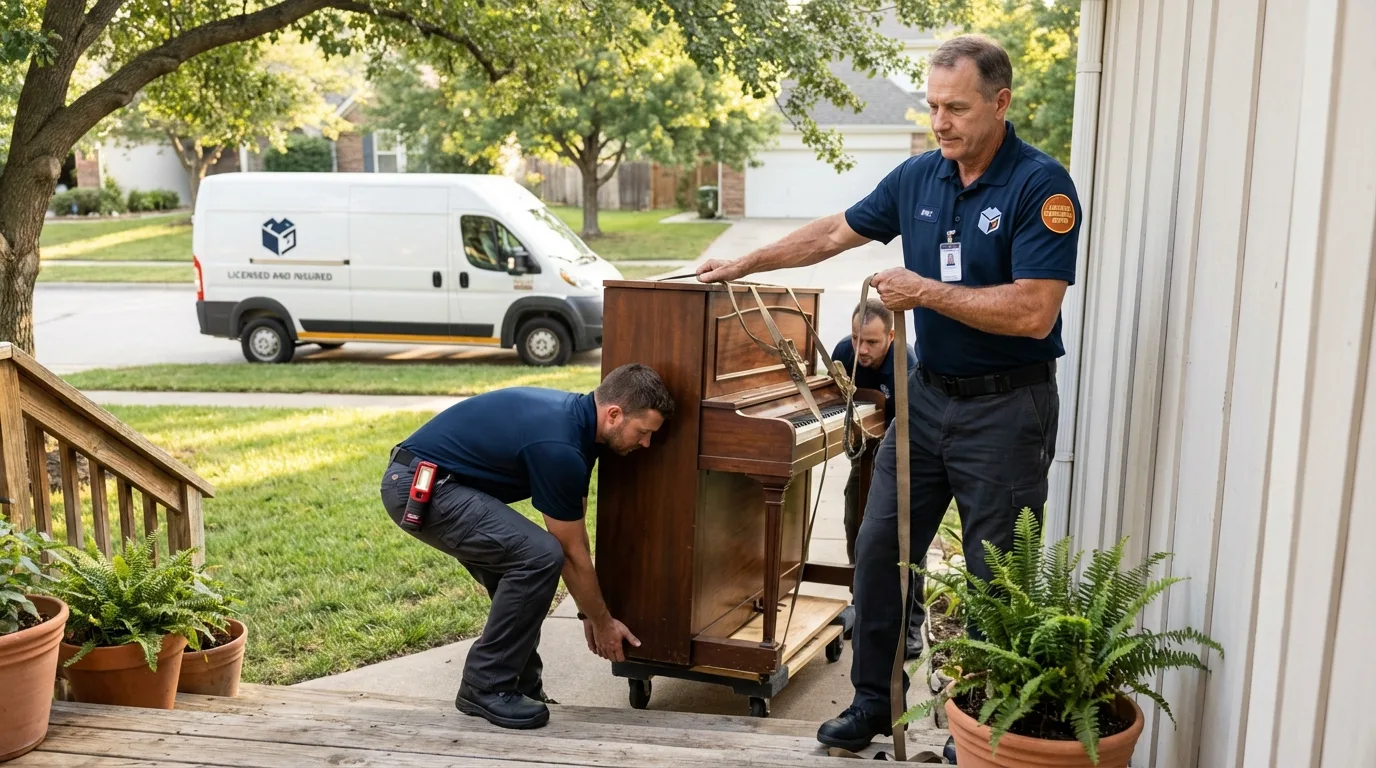 Licensed piano movers securing grand piano in Guernsey, WY