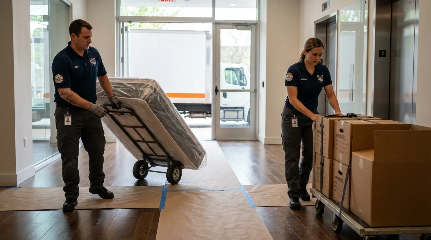 Professional apartment movers loading elevator in Guernsey, WY